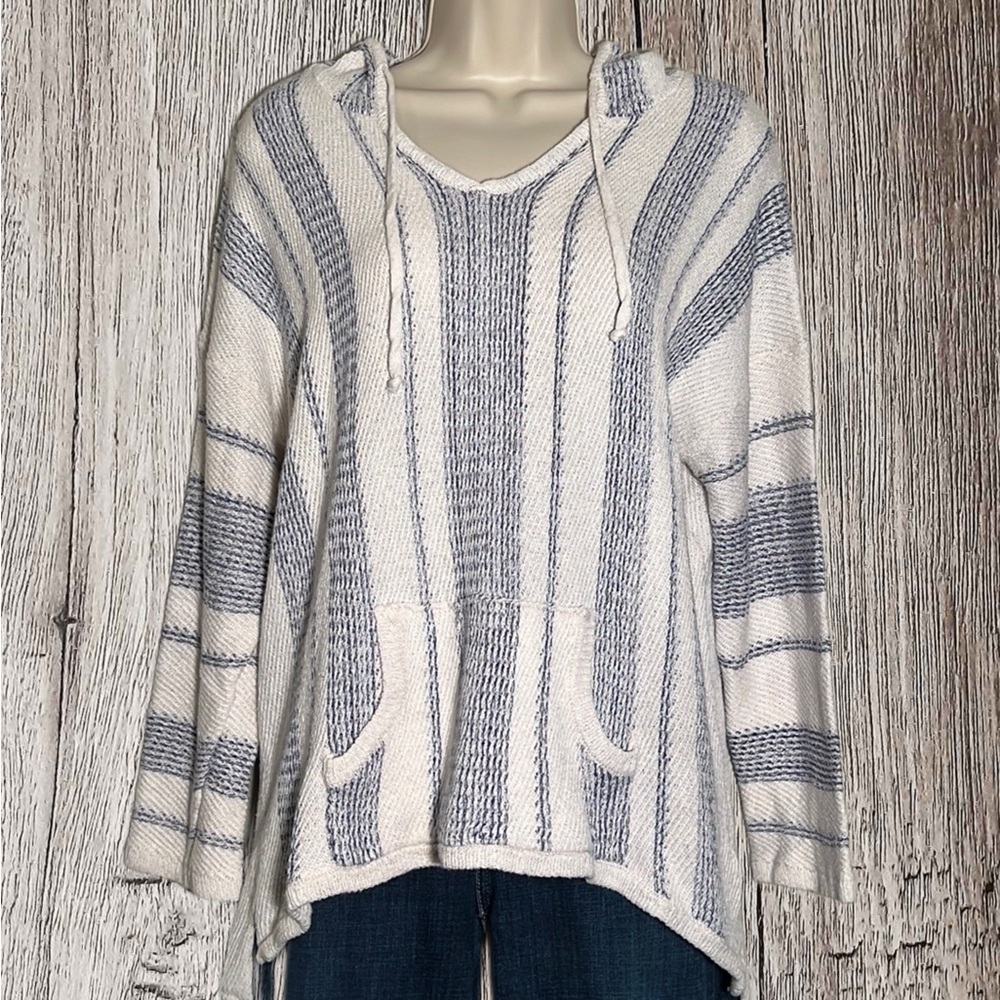 Ron Jon Blue White Stripe Long Sleeve Baja Mexican Hoodie Poncho Size M